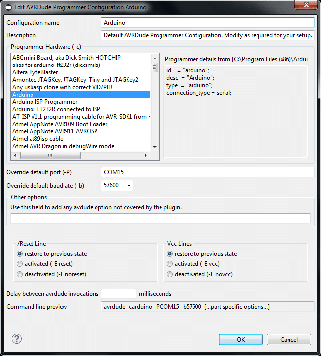 Eclipse Edit AVRDude Programmer Configuration Arduino