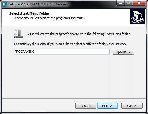 PROGRAMINO IDE - Select Start Menu Folder