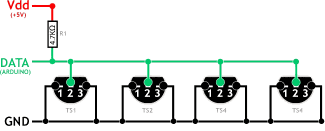 Parazitné napájanie DS18B20 s dvomi vodičmi cez dátový vodič