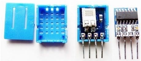 DHT11 inside otvorený rozobraný modrý senzor čidlo DHT22 pre Arduino projekt na meranie teploty a vlhkosti so 4 vývodmi