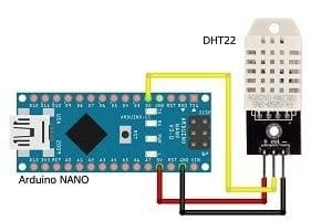 Fritzing zapojenie biely senzor čidlo DHT-22 a Arduino Nano pre projekt na meranie teploty a vlhkosti s 3 vývodmi
